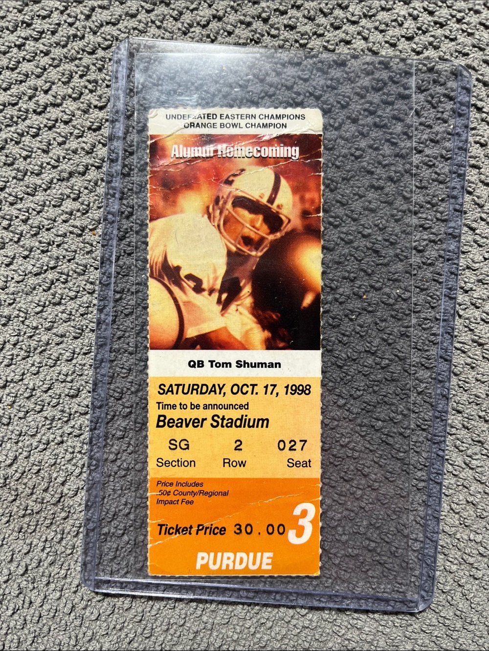 1998 Penn State VS Purdue ticket stub featuring QB Tom Shuman